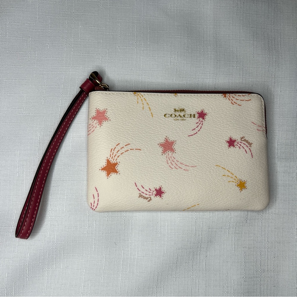 Coach Cream Pink Star Wristlet Corner Zip Shooting Star 6"x4" H42991 CF336